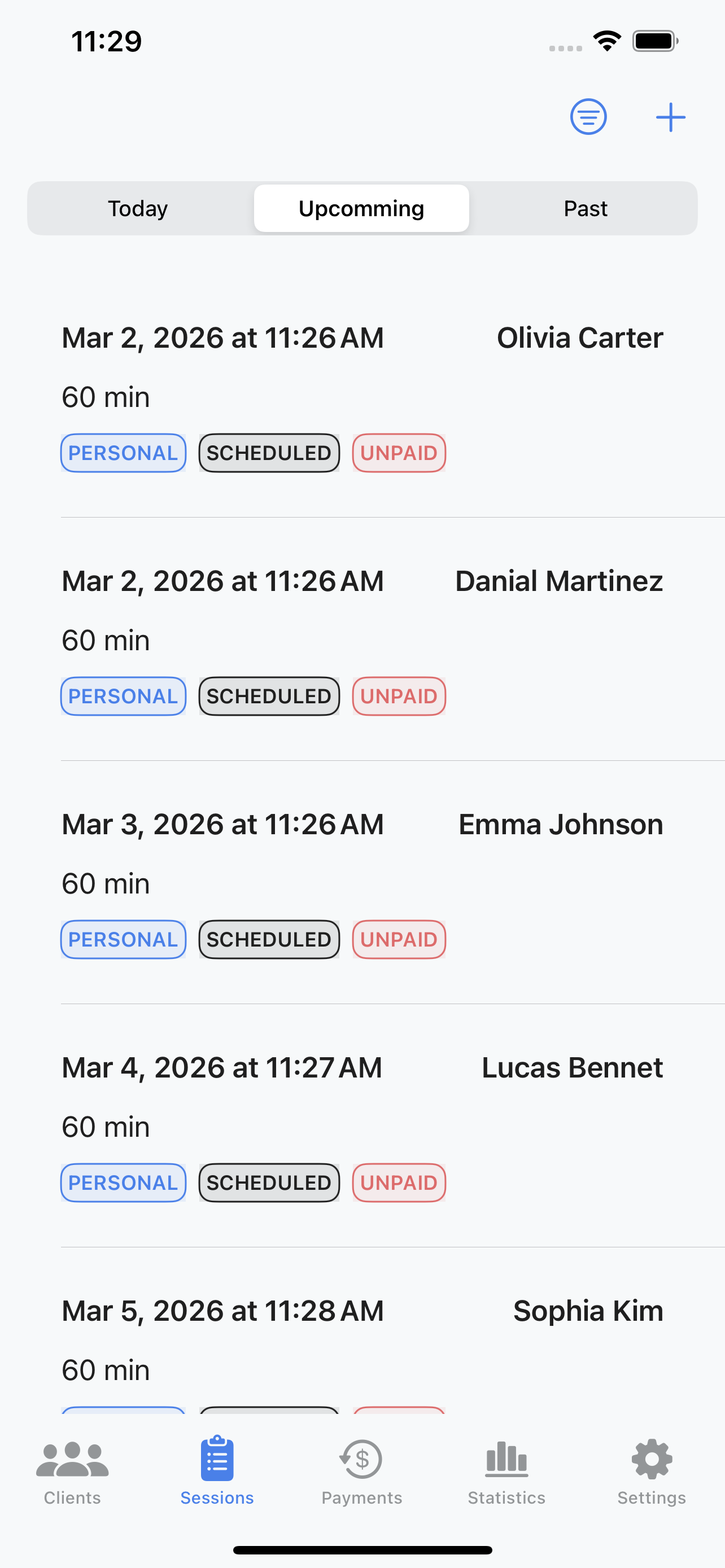 CoachFlow app sessions screen